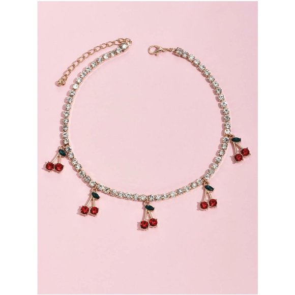 CHERRY CHARM BLING RHINESTONE CRYSTAL DECOR CHOKER NECKLACE 1 PIECE - Picture 2 of 3
